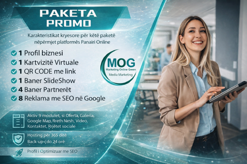 Paketa PROMO me 8 reklama, Profil biznesi në platformën Panairi Online, Website me seo, optimizimi i website ne Google me SEO, Dyqan per shitje online, reklame per dyqan online, reklame per sherbime, biznes VIP ne Tirane, reklame me target lokal